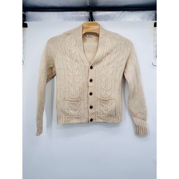 Shetland  Cardigan Sweater Mens 44 Beige Wool Cable Knit Ireland Fisherman butto - Picture 1 of 7